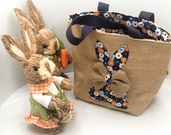 Sac mini tote bag Pâques, jute et coton, panier décoratif Pâques, panier chasse aux oeufs enfant, sac récolte chocolat, lapin