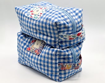 Rectangular toiletry bag, quilted, blue gingham print, travel kit, birth kit,