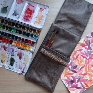Travel watercolor brush case/brush pouch/watercolor palette kit/travel organizer/aged faux leather image 2