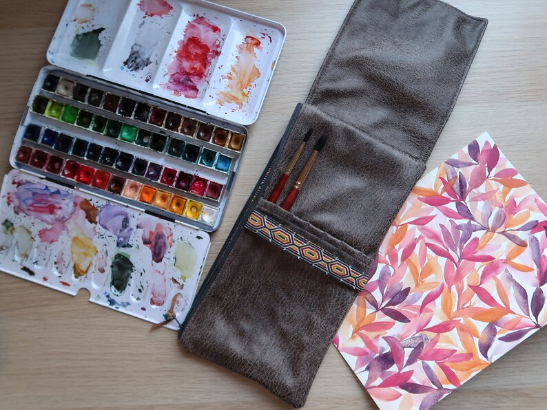 Travel watercolor brush case/brush pouch/watercolor palette kit/travel organizer/aged faux leather image 2
