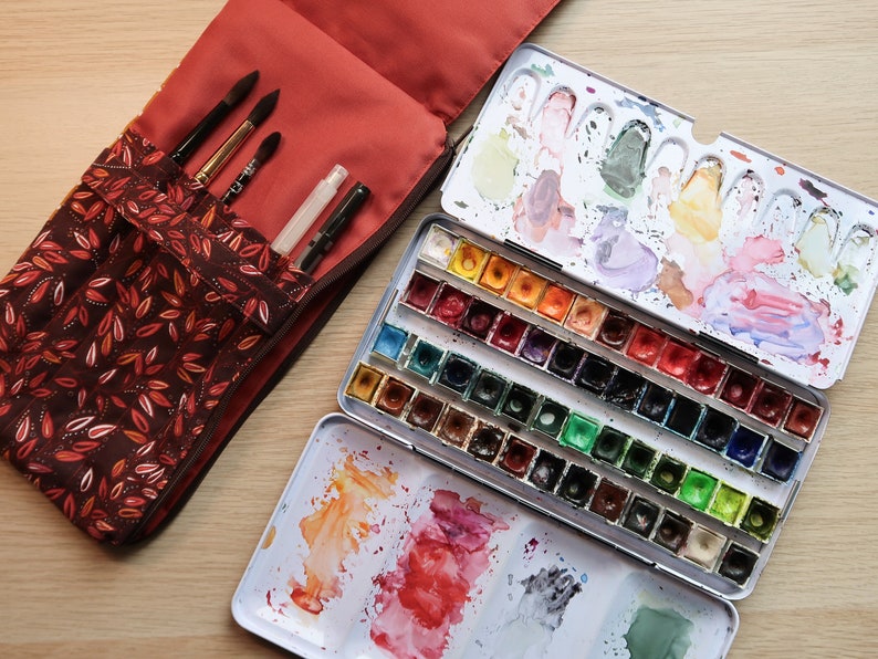 Travel watercolor brush case/brush pouch/watercolor palette kit/travel organizer/patchwork image 7