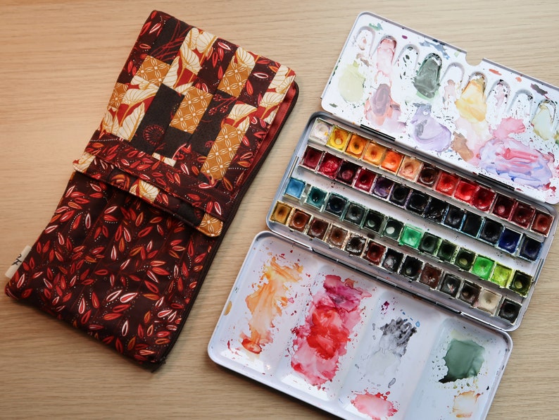 Travel watercolor brush case/brush pouch/watercolor palette kit/travel organizer/patchwork image 1