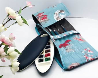 Etui pinceau aquarelle de voyage/pochette pinceaux/trousse palette aquarelle/organisateur de voyage/tissu japonais et cuir vintage