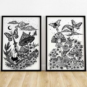 Mushroom fantasy homes set of two, tattoo flash style dot work prints image 2