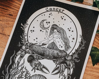 Impression de travail de point d'astrologie de déesse de Cancer, l'enfant de lune, impression d'art d'astrologie, cadeau de Cancer.