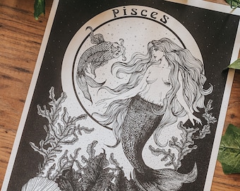 Pisces goddess astrology dot work print, the fish, astrology art print, Pisces gift.