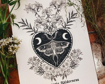 Heart of flowers moon moth dot work print, Vintage style tattoo inspired, witchy gifts.