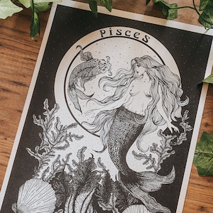 Pisces goddess astrology dot work print, the fish, astrology art print, Pisces gift.