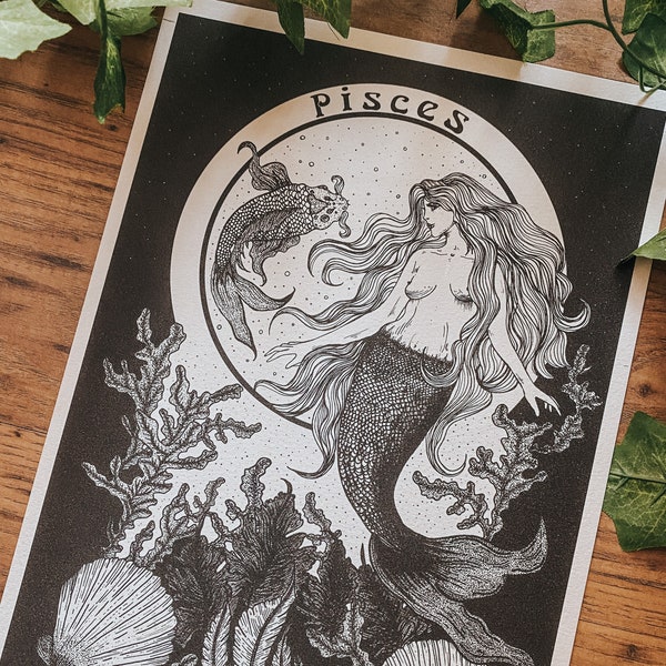 Pisces goddess astrology dot work print, the fish, astrology art print, Pisces gift.