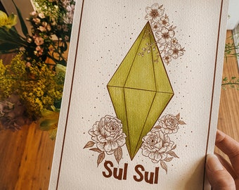 May include: A green geometric crystal with brown outlines is surrounded by white flowers. The text "Sul Sul" is written below the crystal in brown.