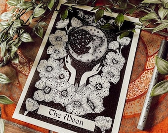 The Moon Tarot card style dot work print - astrology, zodiacs and tarot’s