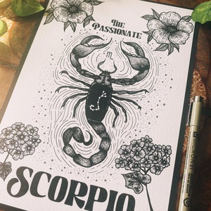 Scorpio zodiac star sign dot work print the scorpion, astrology art print image 2