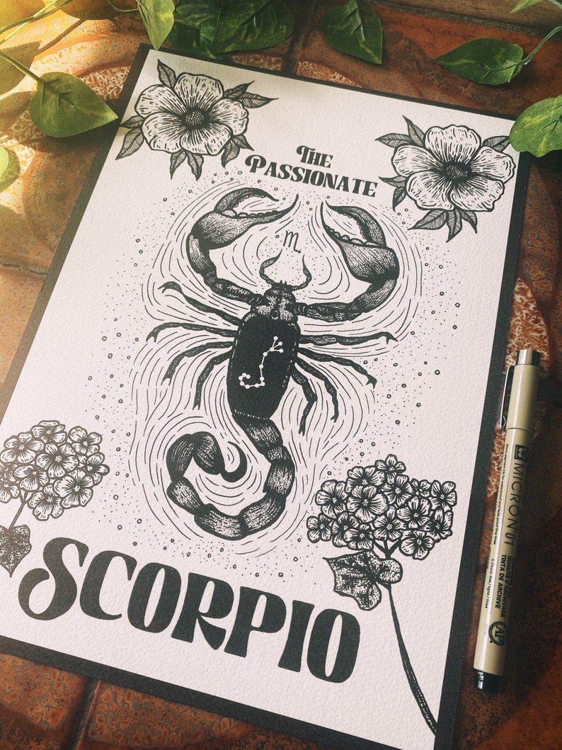 Scorpio zodiac star sign dot work print the scorpion, astrology art print image 2