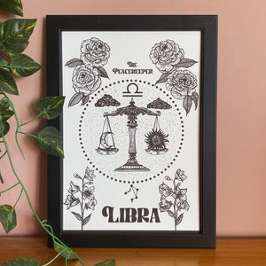 Libra zodiac star sign dot work print - the scales, astrology art print