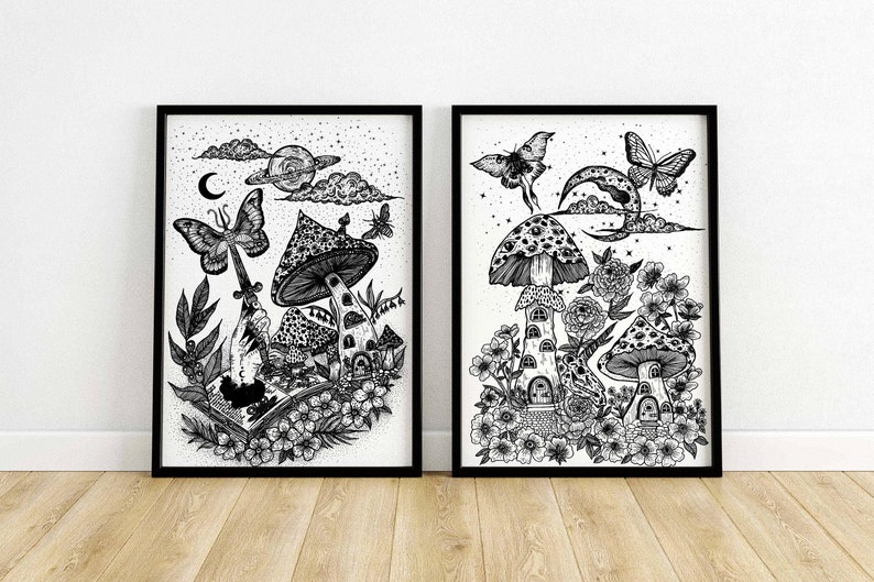 Mushroom fantasy homes set of two, tattoo flash style dot work prints image 2