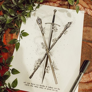 Glamdring and gandalfs staff inspired hand drawn illustration