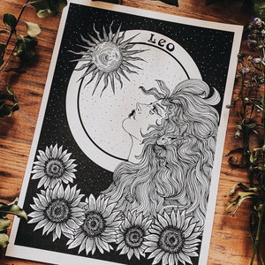 Leo goddess astrology dot work print, Goddess of the Sun, astrology art print, Leo gift. image 1