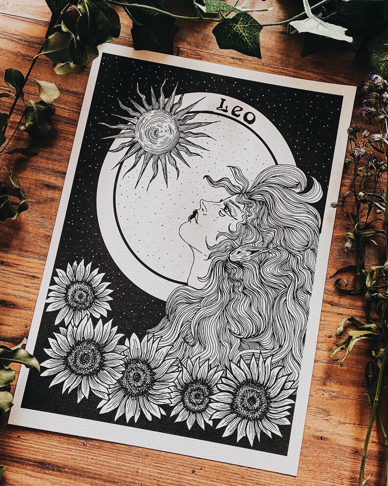 Leo goddess astrology dot work print, Goddess of the Sun, astrology art print, Leo gift. image 1