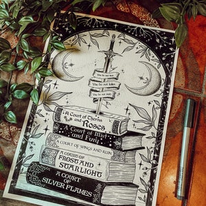 ACOTAR inspired hand drawn book stack illustration