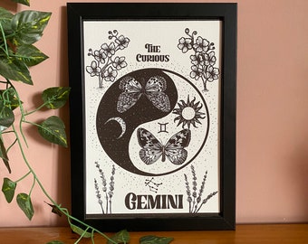 Gemini zodiac star sign dot work print - the twins, astrology art print
