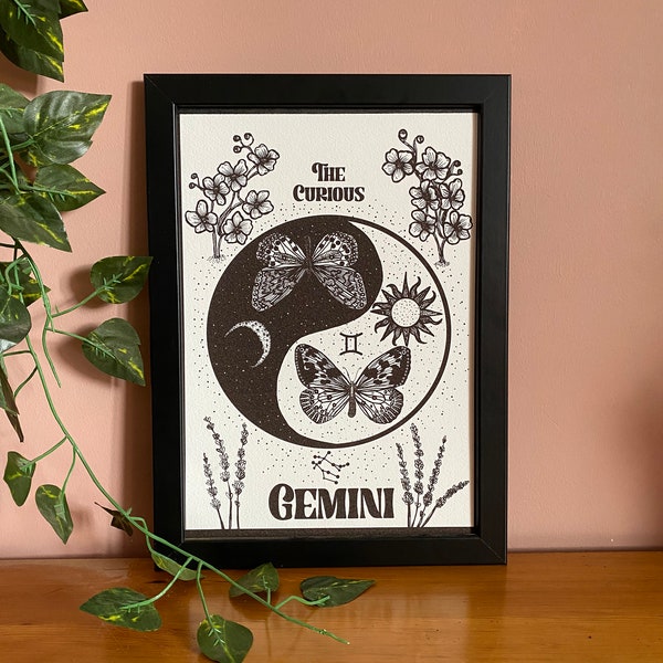 Gemini zodiac star sign dot work print - the twins, astrology art print