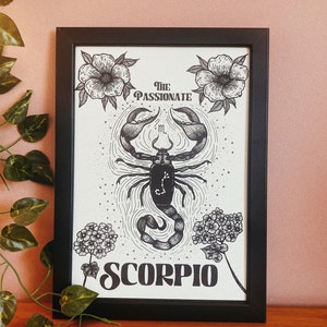 Scorpio zodiac star sign dot work print the scorpion, astrology art print image 1