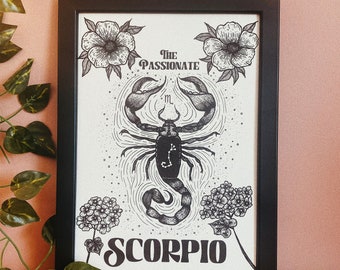Scorpio zodiac star sign dot work print - the scorpion, astrology art print