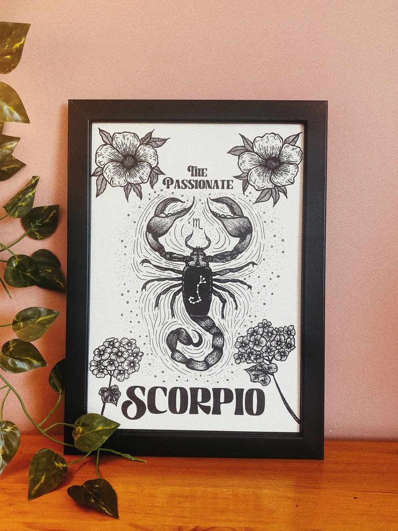 Scorpio zodiac star sign dot work print the scorpion, astrology art print image 1