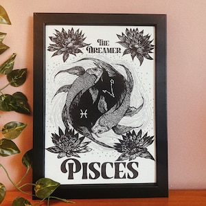 Pisces zodiac star sign dot work print - the fish, astrology art print