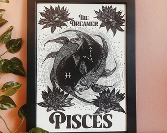 Pisces zodiac star sign dot work print - the fish, astrology art print