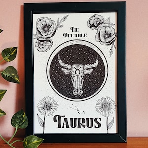 Taurus zodiac star sign dot work print - the bull, astrology art print