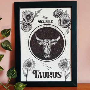 Taurus zodiac star sign dot work print - the bull, astrology art print