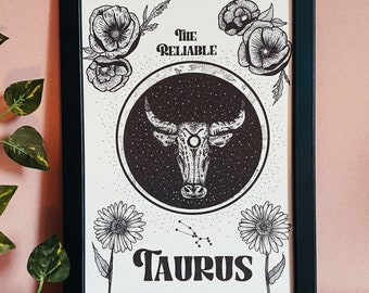 Taurus zodiac star sign dot work print - the bull, astrology art print