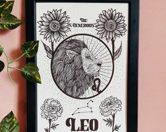 Może przedstawiać: Czarno-biała ilustracja głowy lwa z tekstem "The Generous" nad nią i "LEO" pod nią. Ilustracja jest otoczona słonecznikami i nagietkami. Konstelacja Lwa jest również przedstawiona na ilustracji.