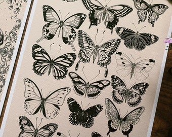 Vintage style butterflies art print - handdrawn dot work tattoo style poster