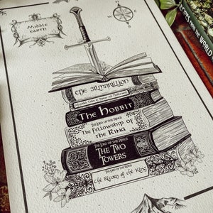 Impression d'illustrations de pile de livres dessinés à la main d'inspiration Tolkien // Lotr // Le Hobbit