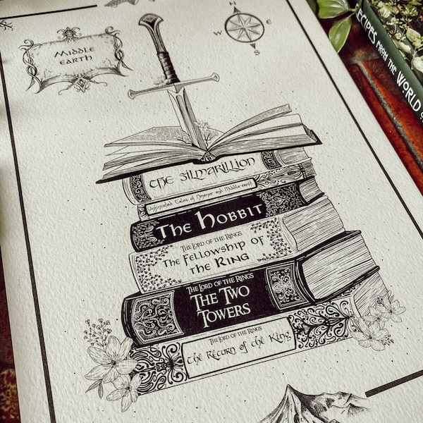 Illustrazione di una pila di libri disegnata a mano ispirata a Tolkien // Lotr // Lo Hobbit