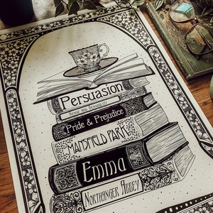 May include: Black and white illustration of a stack of books with the titles "Persuasion", "Sense and Sensibility", "Pride and Prejudice", "Mansfield Park", "Emma", and "Northanger Abbey". A teacup and saucer are on top of the stack of books.