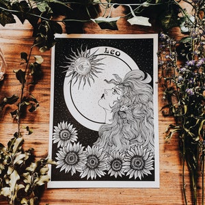 Leo goddess astrology dot work print, Goddess of the Sun, astrology art print, Leo gift. image 2