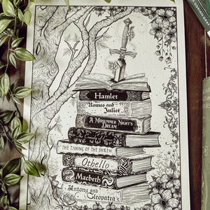 Shakespeare inspired hand drawn book stack print / Macbeth / Romeo and Juliet