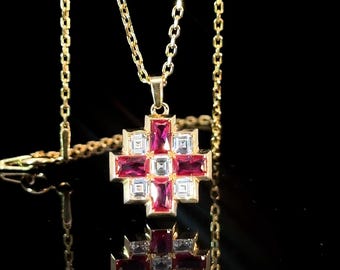 Collar con cruz de plata de ley con forma de baguette roja, diamante de baguette rojo de 1,94 cwt / colgante con cruz de plata con forma de baguette roja, joyería de 14 k