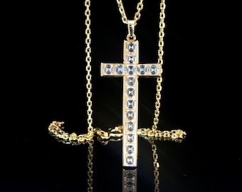 14k Solid Cross Diamond Baguette  Sterling Silver Necklace, 1,95 Ct White Diamond | Silver Catholic Cross White Baguette Pendant, for Momm