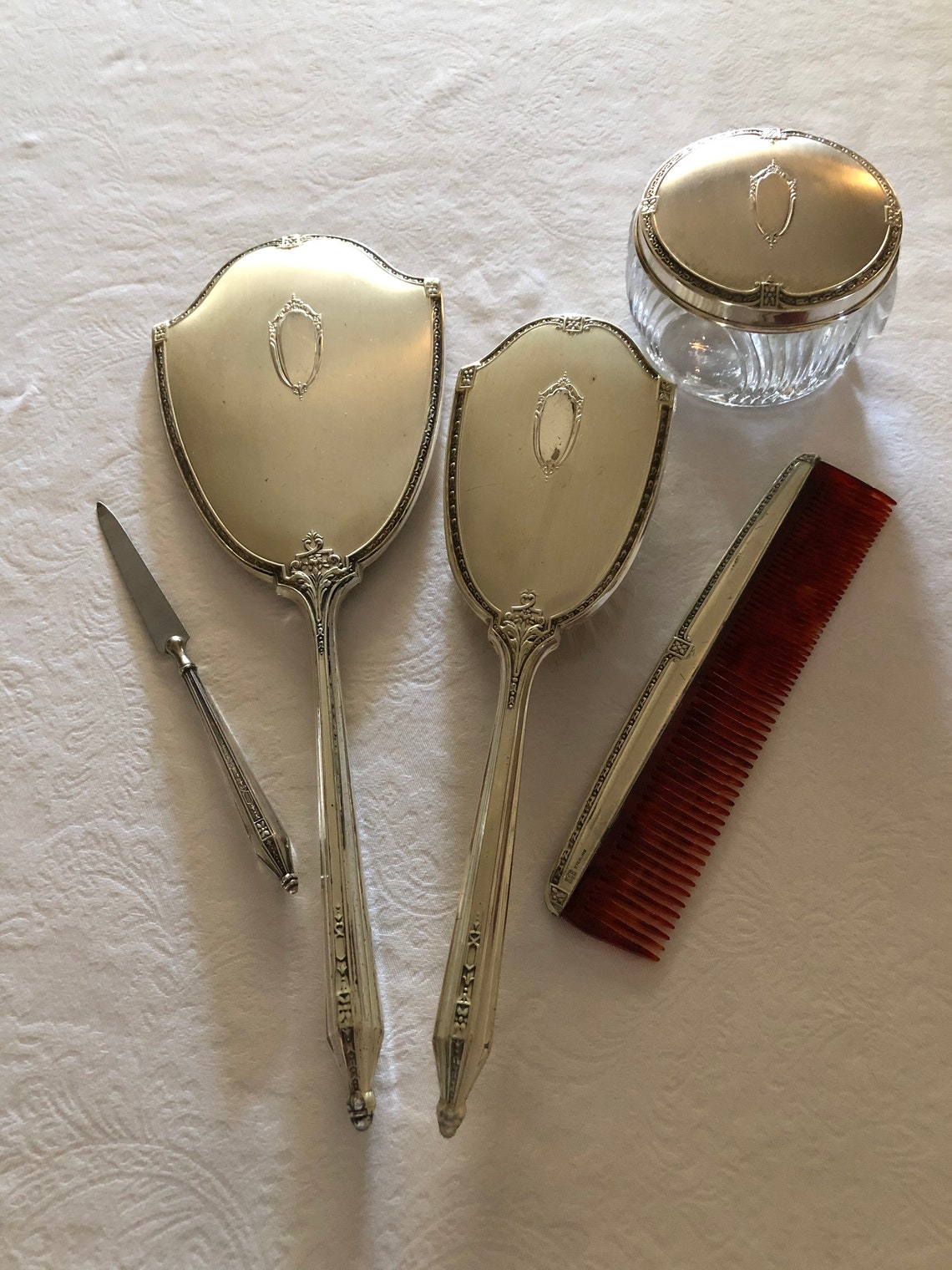 Vintage 5 Piece Sterling Silver Vanity Set With Comb, Brush, Hand