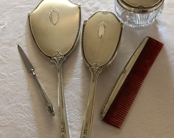 Vintage 5 piece Sterling Silver Vanity Set with Comb, Brush, Hand Mirror, Nail File and Crystal Powder Jar