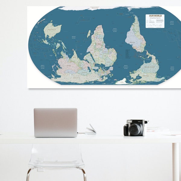 Upside Down World Map - Equal Area Projection | South is Up | Like the Peters and Gall Peters Map & Projection | Accurate, Large, Detailed