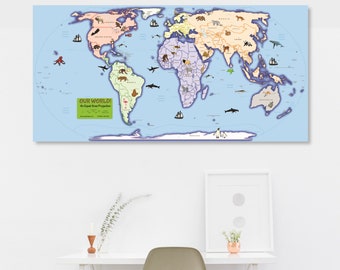 Kids Equal Area World Map Print (Animals) | Peters Map, Gall-Peters Map, Educational, Nursery, Preschool, Colorful, Child, Countries, Big