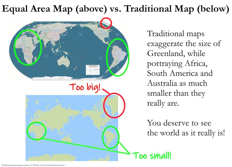 Pacific Centered Equal Area World Map Print  Similar to image 5