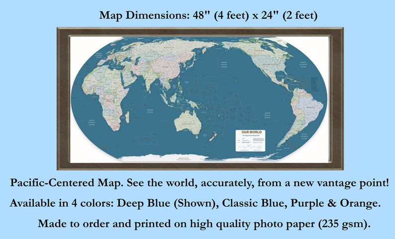 Pacific Centered Equal Area World Map Print  Similar to image 2