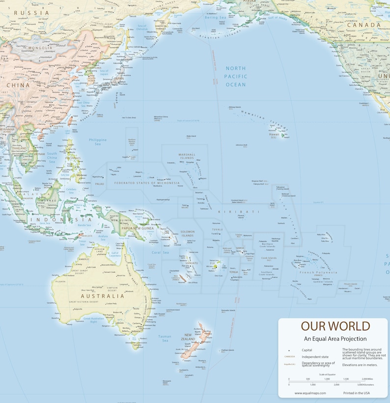 Pacific Centered Equal Area World Map Print  Similar to image 8