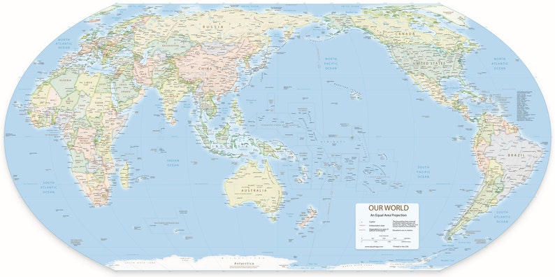 Pacific Centered Equal Area World Map Print  Similar to image 6